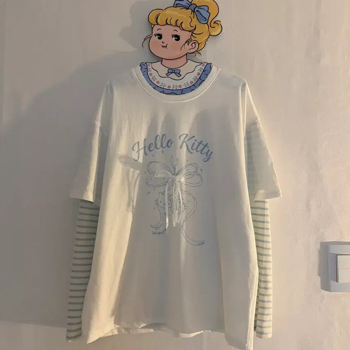 [BUNJANG] Kitty Lace Striped Two-Piece Vintage Set / 키티 레이스 스트라이프 투피스 긴팔 빈티지