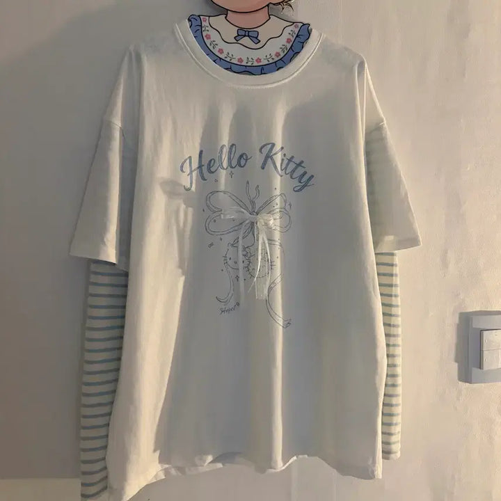 [BUNJANG] Kitty Lace Striped Two-Piece Vintage Set / 키티 레이스 스트라이프 투피스 긴팔 빈티지