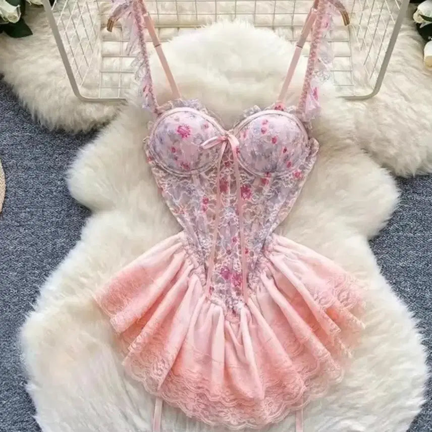[BUNJANG] Floral Lace Bustier Dress - Pink / 플라워 레이스 뷔스티에 원피스 핑크