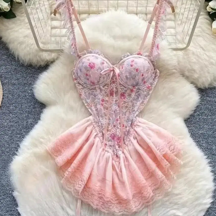 [BUNJANG] Floral Lace Bustier Dress - Pink / 플라워 레이스 뷔스티에 원피스 핑크
