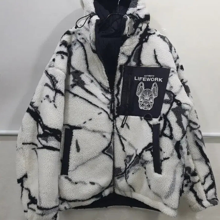 [BUNJANG] Life Work Pattern White Reversible Fleece Jacket M / 라이프워크 패턴 화이트 양면 후리스 자켓 M