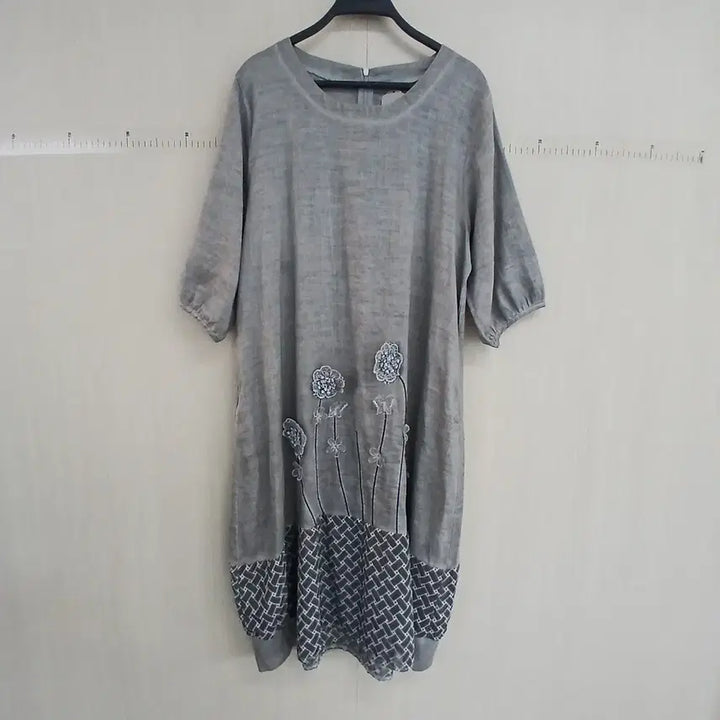 [BUNJANG] Floral Embroidered Linen Dress - Gray / 플라워 자수 린넨 원피스 그레이
