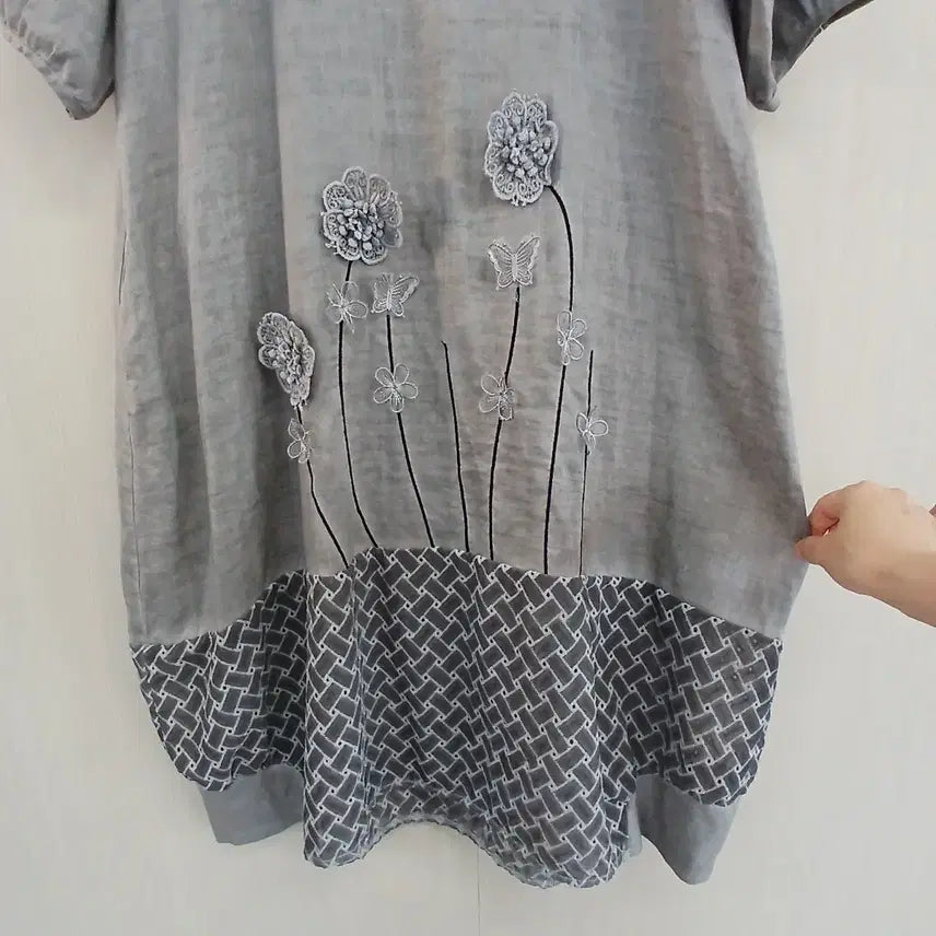 [BUNJANG] Floral Embroidered Linen Dress - Gray / 플라워 자수 린넨 원피스 그레이