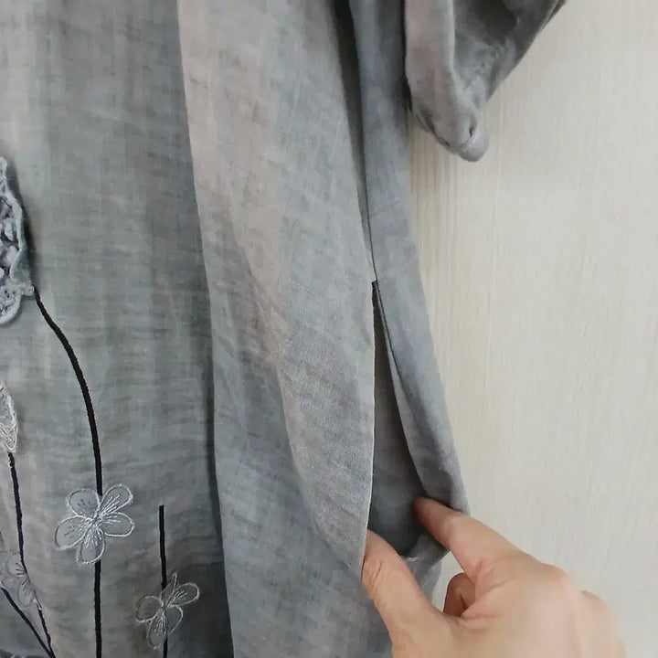 [BUNJANG] Floral Embroidered Linen Dress - Gray / 플라워 자수 린넨 원피스 그레이