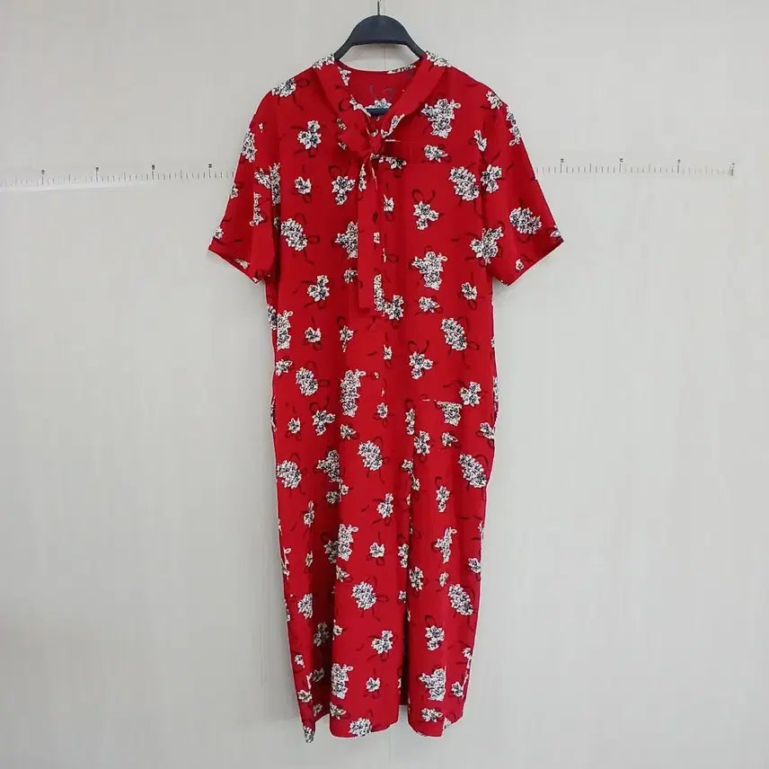 [BUNJANG] Red Floral Ribbon Long Dress / 레드 플라워 패턴 리본 원피스