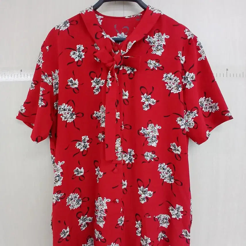 [BUNJANG] Red Floral Ribbon Long Dress / 레드 플라워 패턴 리본 원피스