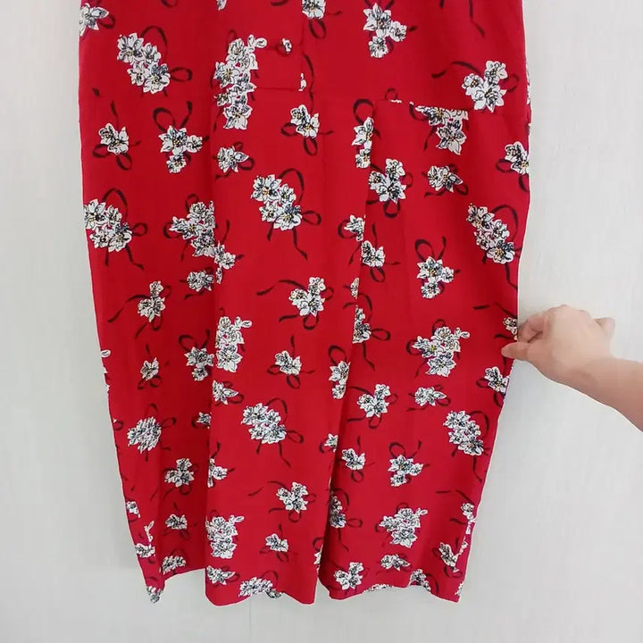 [BUNJANG] Red Floral Ribbon Long Dress / 레드 플라워 패턴 리본 원피스