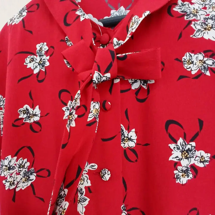 [BUNJANG] Red Floral Ribbon Long Dress / 레드 플라워 패턴 리본 원피스