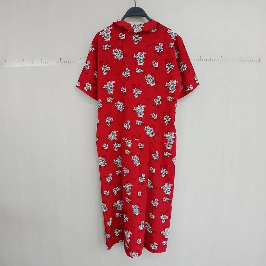 [BUNJANG] Red Floral Ribbon Long Dress / 레드 플라워 패턴 리본 원피스