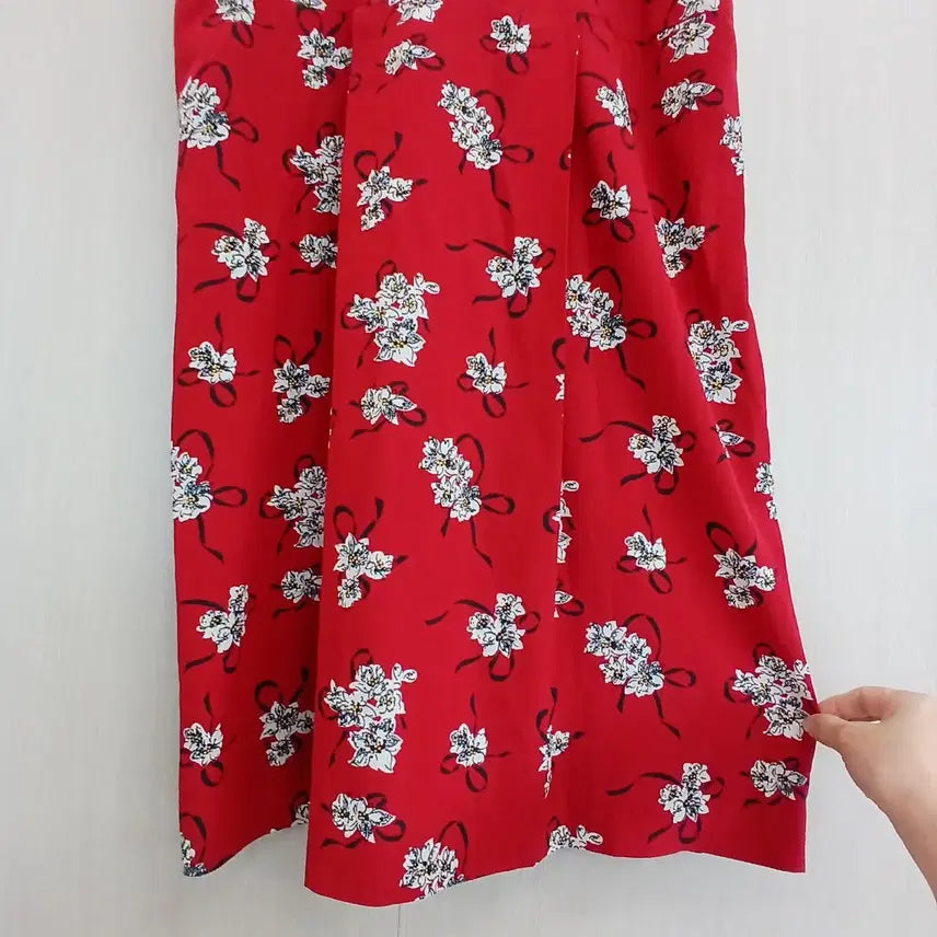 [BUNJANG] Red Floral Ribbon Long Dress / 레드 플라워 패턴 리본 원피스