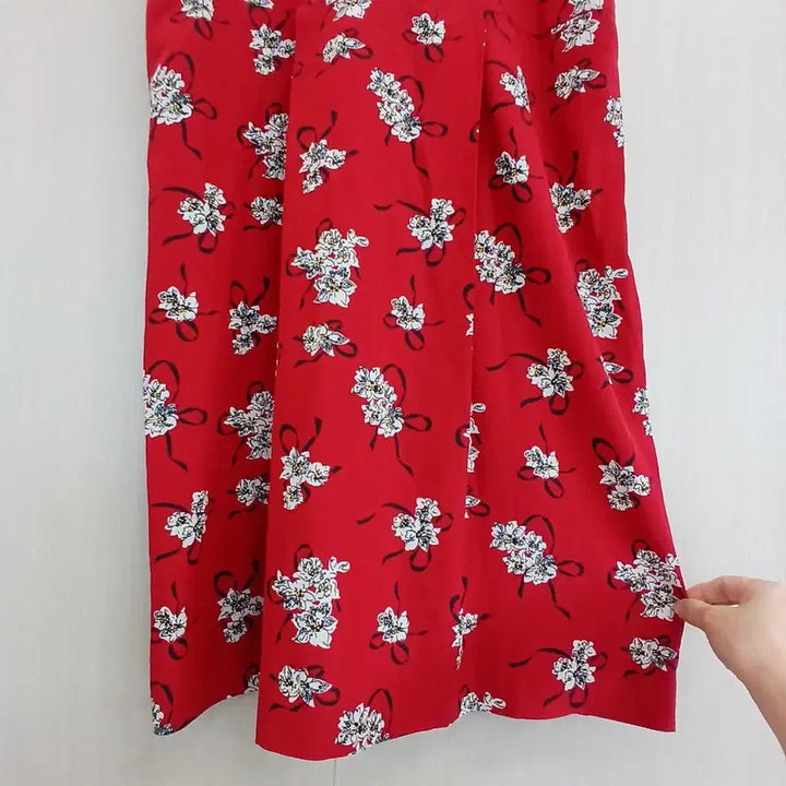 [BUNJANG] Red Floral Ribbon Long Dress / 레드 플라워 패턴 리본 원피스