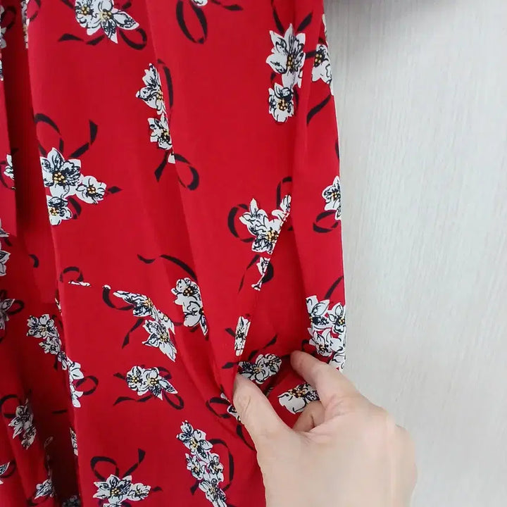 [BUNJANG] Red Floral Ribbon Long Dress / 레드 플라워 패턴 리본 원피스