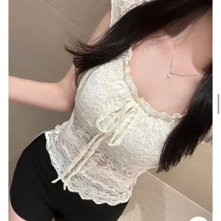 [BUNJANG] Avely Lace Ribbon See-through Blouse / 에이블리 레이스 리본 시스루 블라우스 티(새상품)