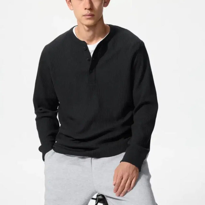 [BUNJANG] Uniqlo Waffle Henley Long Sleeve Shirt Black L / 유니클로 와플 헨리넥 긴팔티셔츠 블랙 L 팝니다.