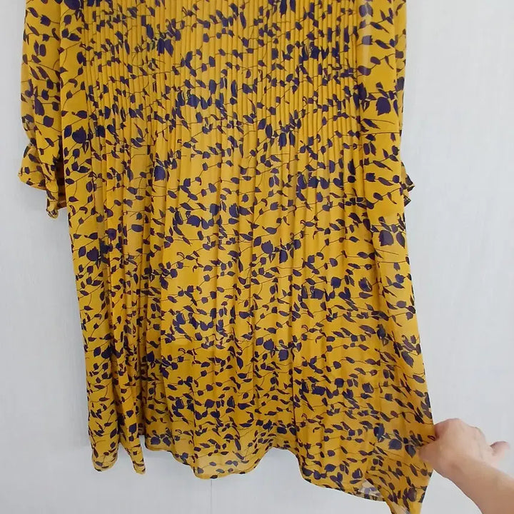 [BUNJANG] Yellow Pleated Long Dress Patterned Chiffon / 옐로우 플리츠 롱 원피스 패턴 쉬폰