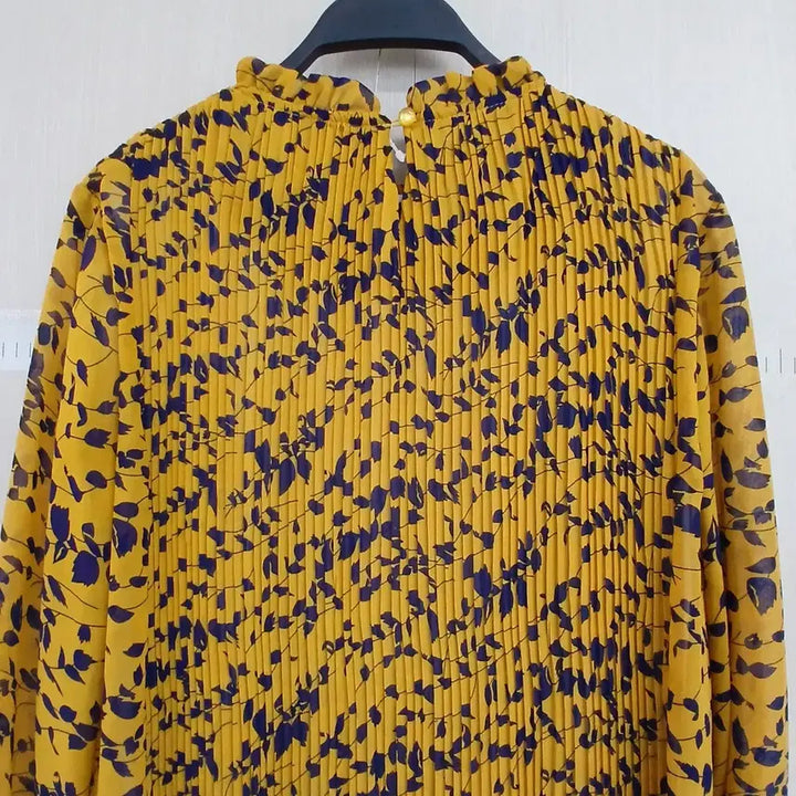 [BUNJANG] Yellow Pleated Long Dress Patterned Chiffon / 옐로우 플리츠 롱 원피스 패턴 쉬폰