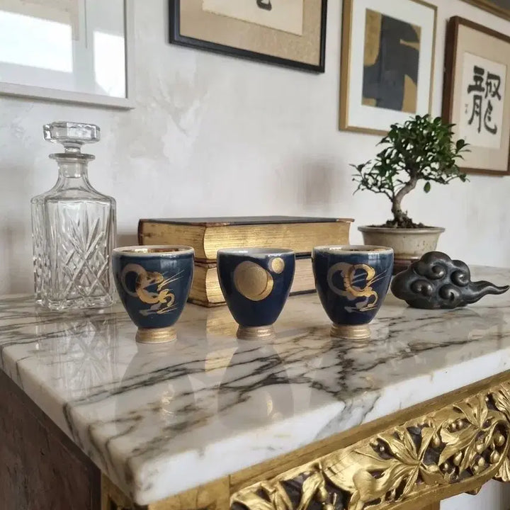 [BUNJANG] Unbo Kim Ki Chang Studio Gold Porcelain Wine Cup Set / (희귀 소장템) 운보 김기창 공방 금채 도자 술잔 세트 (3P)