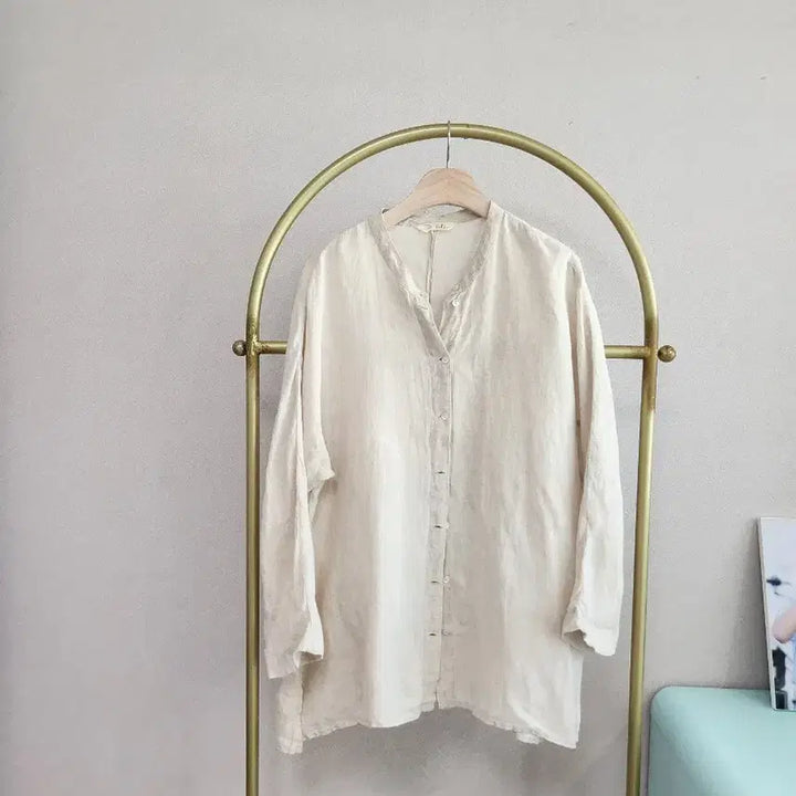 [BUNJANG] Isae Ivory Linen Henley Shirt / 이새 아이보리 린넨 헨리넥 셔츠