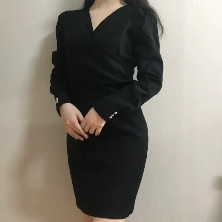 [BUNJANG] V-Neck Black Wrap Suit Dress / 브이넥 검정 랩 정장원피스 S