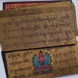 [BUNJANG] Gilt-Bronze Inlaid Wooden Buddhist Scripture &amp; Tibetan Manuscript Antique / 금동불 감입 목제 경판 및 티베트어 필사 본생경 불경 불교 골동품 수집품