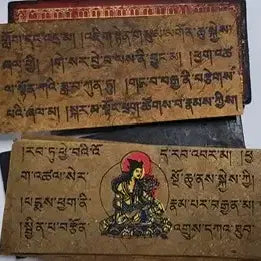 [BUNJANG] Gilt-Bronze Inlaid Wooden Buddhist Scripture &amp; Tibetan Manuscript Antique / 금동불 감입 목제 경판 및 티베트어 필사 본생경 불경 불교 골동품 수집품