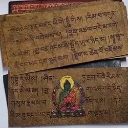 [BUNJANG] Gilt-Bronze Inlaid Wooden Buddhist Scripture &amp; Tibetan Manuscript Antique / 금동불 감입 목제 경판 및 티베트어 필사 본생경 불경 불교 골동품 수집품