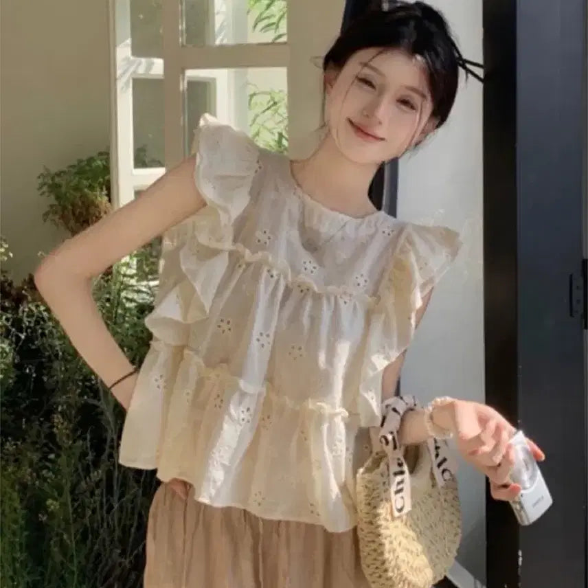 [BUNJANG] White Punching Lace Frill Blouse / 펀칭 레이스 프릴 블라우스 화이트