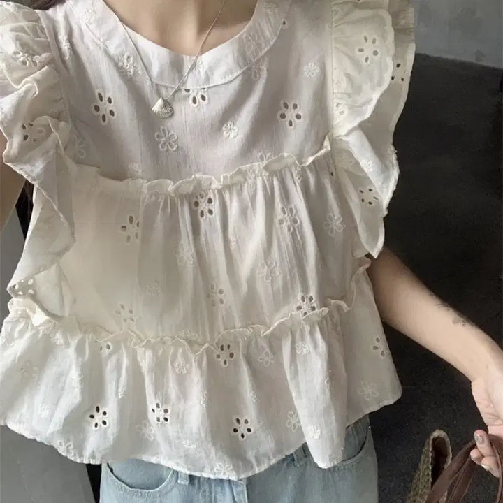 [BUNJANG] White Punching Lace Frill Blouse / 펀칭 레이스 프릴 블라우스 화이트