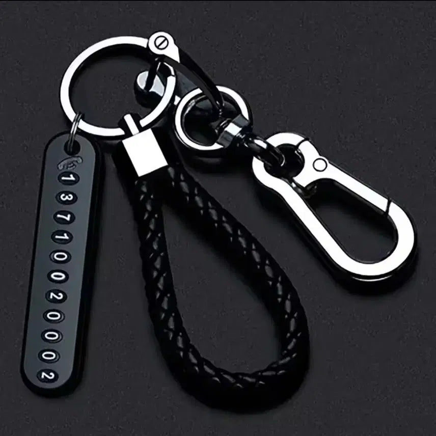 [BUNJANG] Black Leather Keyring with Contact Number Tag / 블랙 가죽 키링 + 연락처 번호표