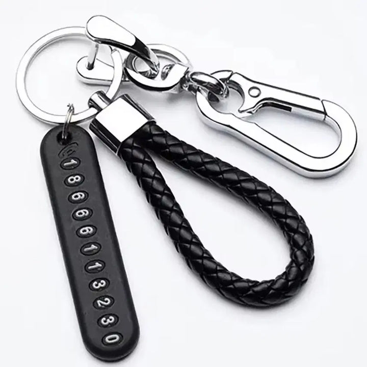 [BUNJANG] Black Leather Keyring with Contact Number Tag / 블랙 가죽 키링 + 연락처 번호표