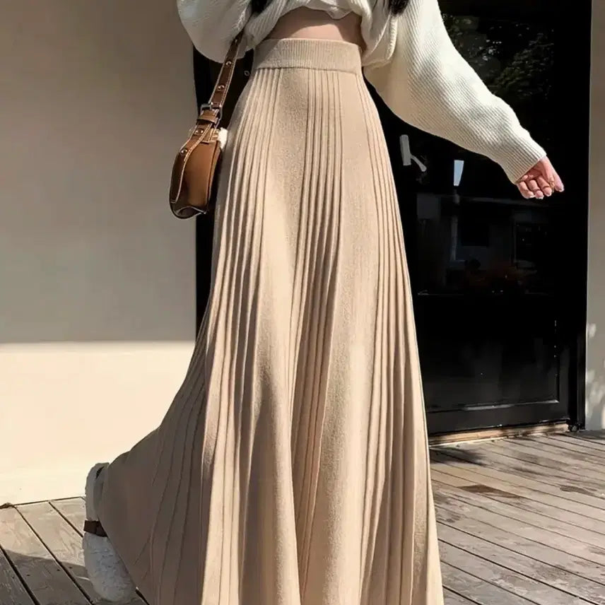 [BUNJANG] Beige Pleated Long Skirt / 베이지 플리츠 롱 스커트 니트 치마