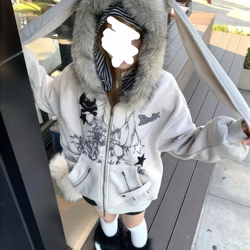 [BUNJANG] Rabbit Ear Hooded Fur Jacket Gray 55 / 토끼 귀 후드 털 자켓 회색 55