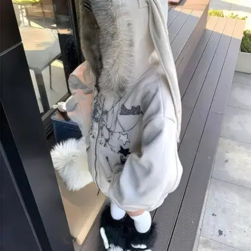 [BUNJANG] Rabbit Ear Hooded Fur Jacket Gray 55 / 토끼 귀 후드 털 자켓 회색 55