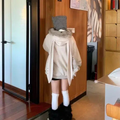 [BUNJANG] Rabbit Ear Hooded Fur Jacket Gray 55 / 토끼 귀 후드 털 자켓 회색 55