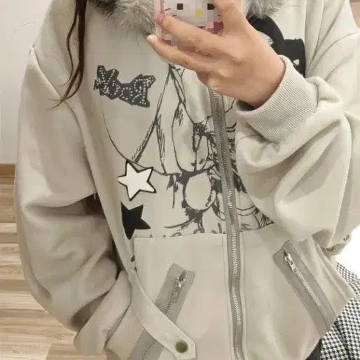 [BUNJANG] Rabbit Ear Hooded Fur Jacket Gray 55 / 토끼 귀 후드 털 자켓 회색 55