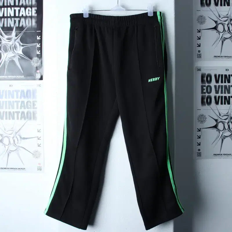 [BUNJANG] Nerdy Training Pants 7-part Black/Green / (M-L) 널디 트레이닝복 바지 7부 블랙 그린 올드스쿨-253D