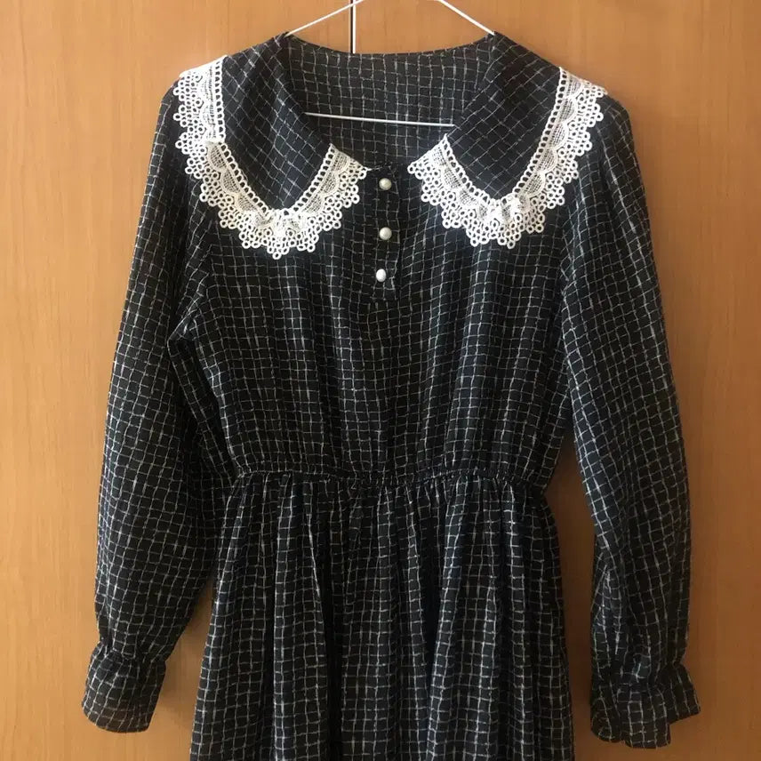 [BUNJANG] Black Check Lace Long Dress / 체크 레이스 블랙 롱원피스