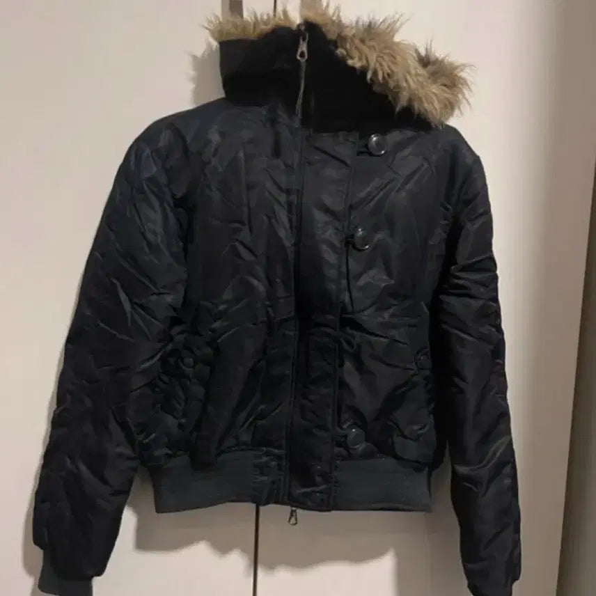 [BUNJANG] Vintage Navy Hooded Fur Padded Jumper / 빈티지 네이비 후드 퍼 패딩 점퍼