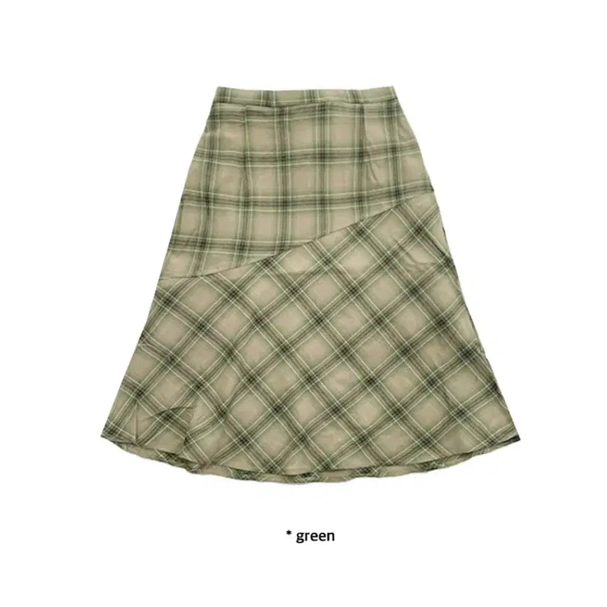 [BUNJANG] Ake Rapito Kuri Check Flare Midi Skirt Green / 아케 라피토 쿠리 체크 플레어 미디스커트 그린