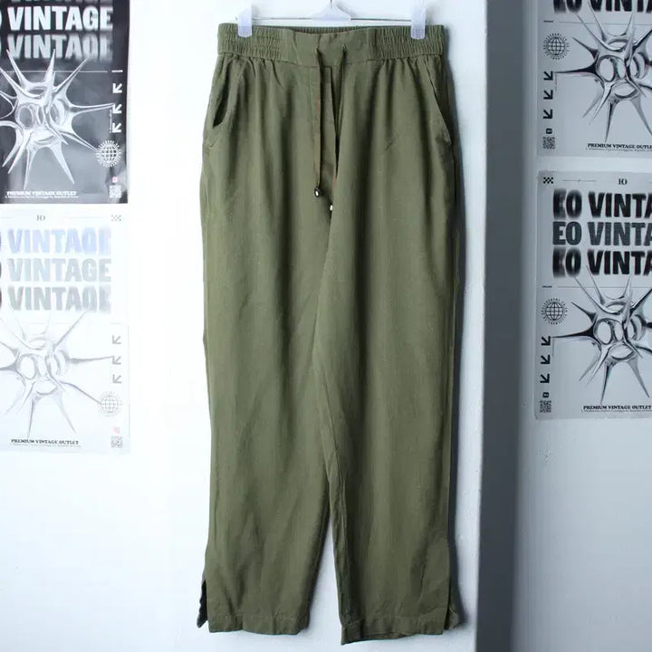 [BUNJANG] ZIOZIO Training Pants Khaki Linen Trousers / W(S-M) 지오송지오 트레이닝복 바지 밴딩 카키 린넨 마-255A