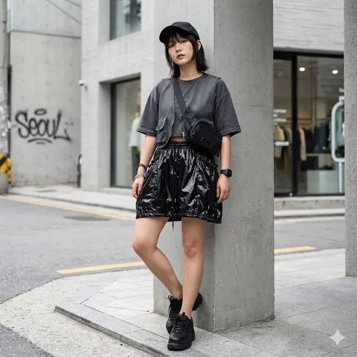 [BUNJANG] Vintage Faux Leather Pleated Mini Skirt / VINTAGE 레더 스트링 플리츠 미니 스커트