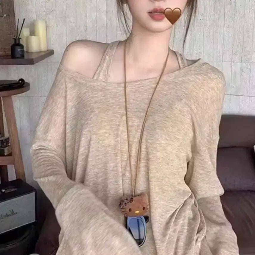 [BUNJANG] Off-Shoulder Long Sleeve and Tank Top Set / 오프숄더 긴팔+나시 코디세트