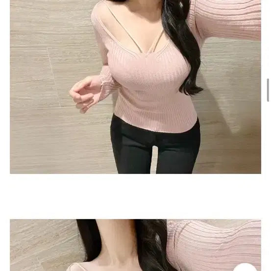 [BUNJANG] V-Neck Shoulder Slit Knit Pink Long Sleeve Top / 브이넥 숄더 트임 니트 핑크 긴팔티