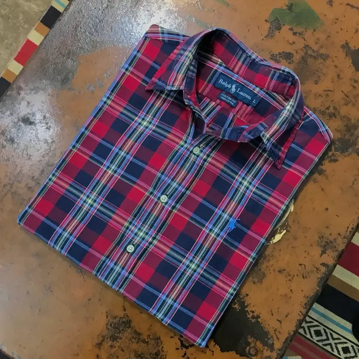 [BUNJANG] Polo Ralph Lauren Madras Check Cotton Shirt Navy/Red / 폴로랄프로렌 네이비 레드 마드라스 체크 코튼 셔츠 남성 110 사이즈