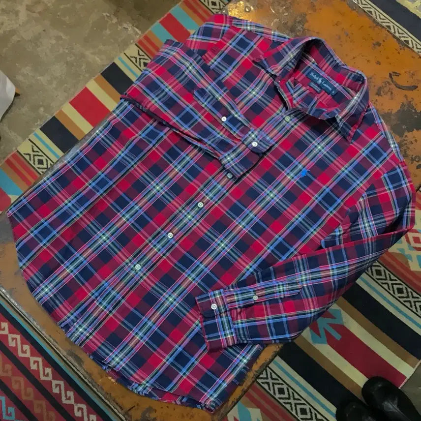 [BUNJANG] Polo Ralph Lauren Madras Check Cotton Shirt Navy/Red / 폴로랄프로렌 네이비 레드 마드라스 체크 코튼 셔츠 남성 110 사이즈