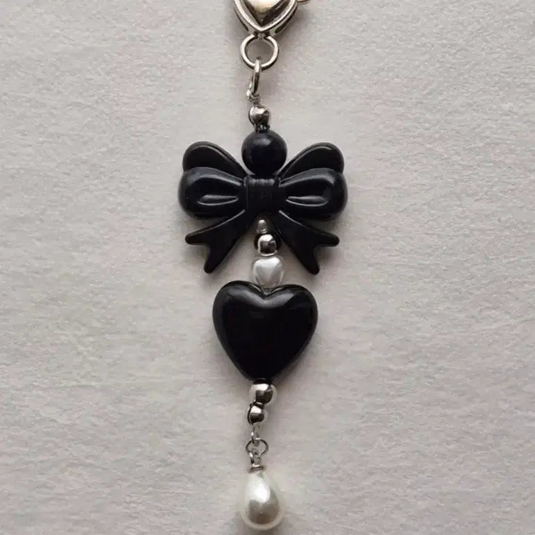 [BUNJANG] Black Ribbon Heart Keyring / 블랙 리본 하트 키링 / 실버 고리 가방 키홀더 / 감성 키링