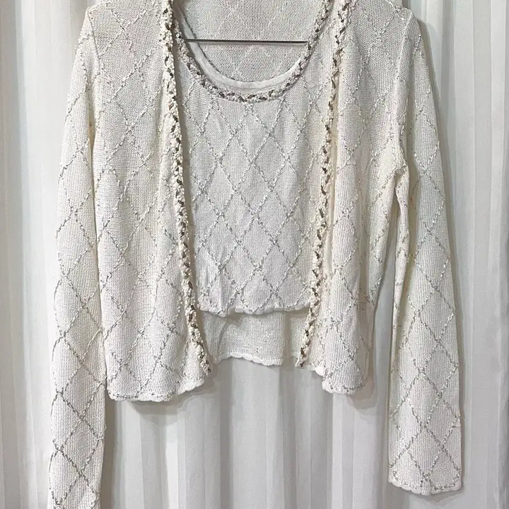 [BUNJANG] White Ivory Beaded Knit Cardigan and Tank Top Set / (새상품) 화이트아이보리 비즈 장식 나시 가디건 니트 세트 44-55