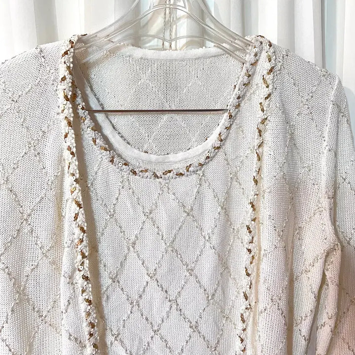 [BUNJANG] White Ivory Beaded Knit Cardigan and Tank Top Set / (새상품) 화이트아이보리 비즈 장식 나시 가디건 니트 세트 44-55