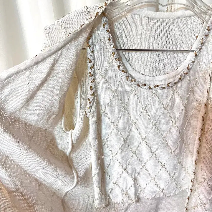 [BUNJANG] White Ivory Beaded Knit Cardigan and Tank Top Set / (새상품) 화이트아이보리 비즈 장식 나시 가디건 니트 세트 44-55