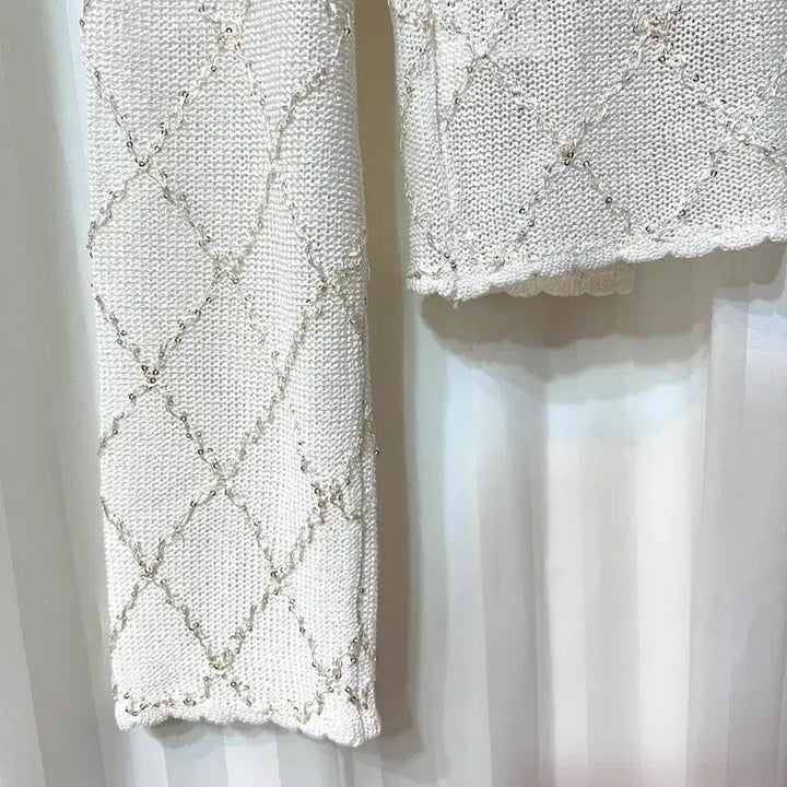 [BUNJANG] White Ivory Beaded Knit Cardigan and Tank Top Set / (새상품) 화이트아이보리 비즈 장식 나시 가디건 니트 세트 44-55